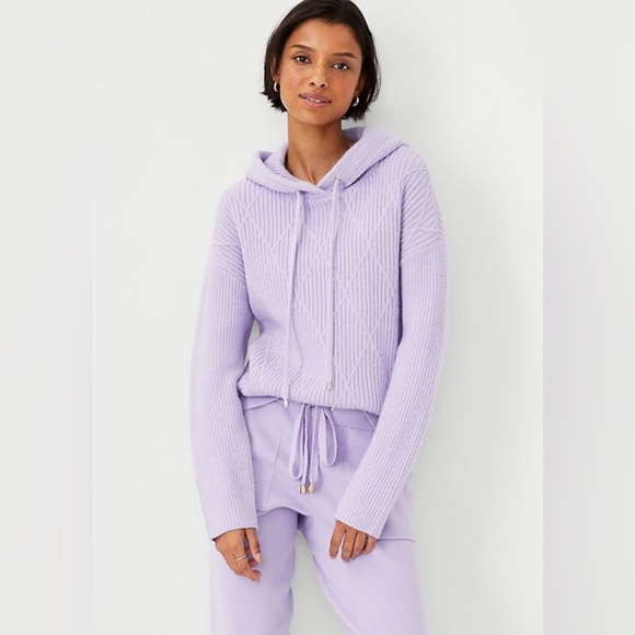 Ann Taylor Lavender Knit Diamond Pattern Ribbed Women’s Hoodie Sweater, large - Picture 2 of 11